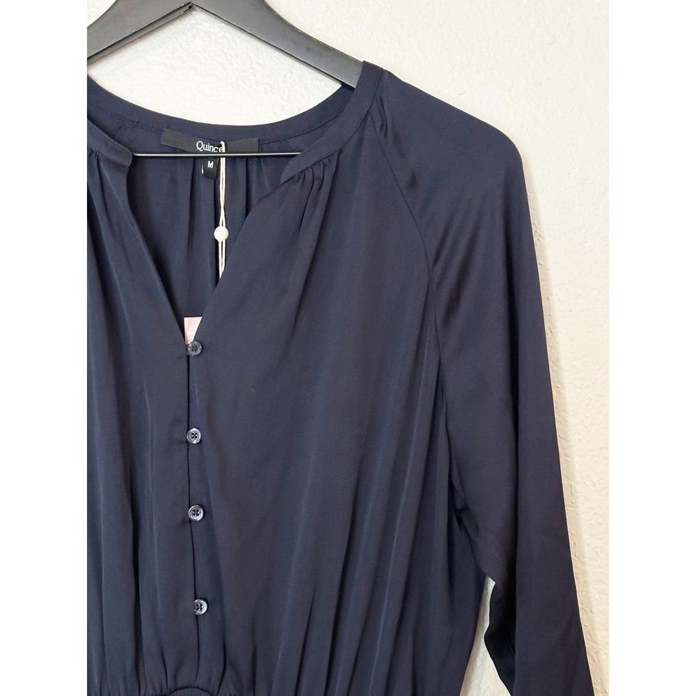 Quince Washable Silk Smocked Waist Mini Dress Navy Blue Size Medium NEW - Picture 3 of 9